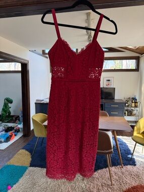 Express Red Lace Midi Dress with Spaghetti Straps